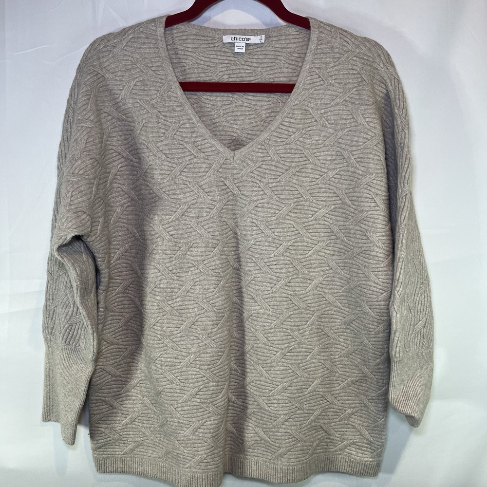 Women's Chicos Size 2‎ V Neck Ribbed Sweater Brown Cable Taupe Knit Large Warm